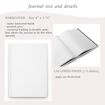 Journal Details Size 8 Inches x 5.75 Inches, featuring white lined paper with perforated edges. Total 150 pages with 75 sheets.