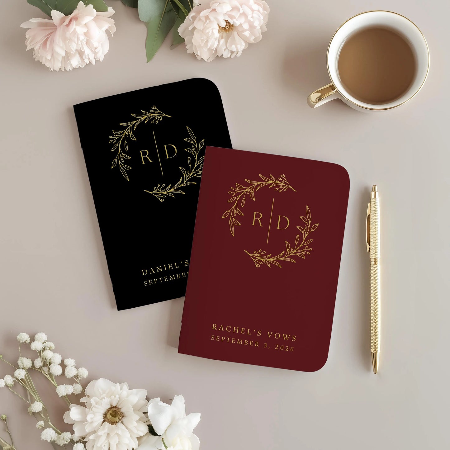 Wreath Monogram Wedding Vow Book Set